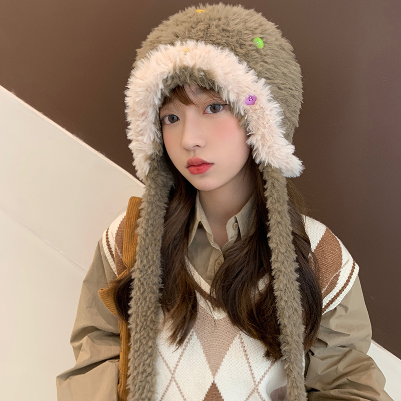 Picture of Autumn and Winter New fleece-lined Furry Lei Feng Hat Women's Bib Hat One-piece Cap Thickened Bear Ear Cap