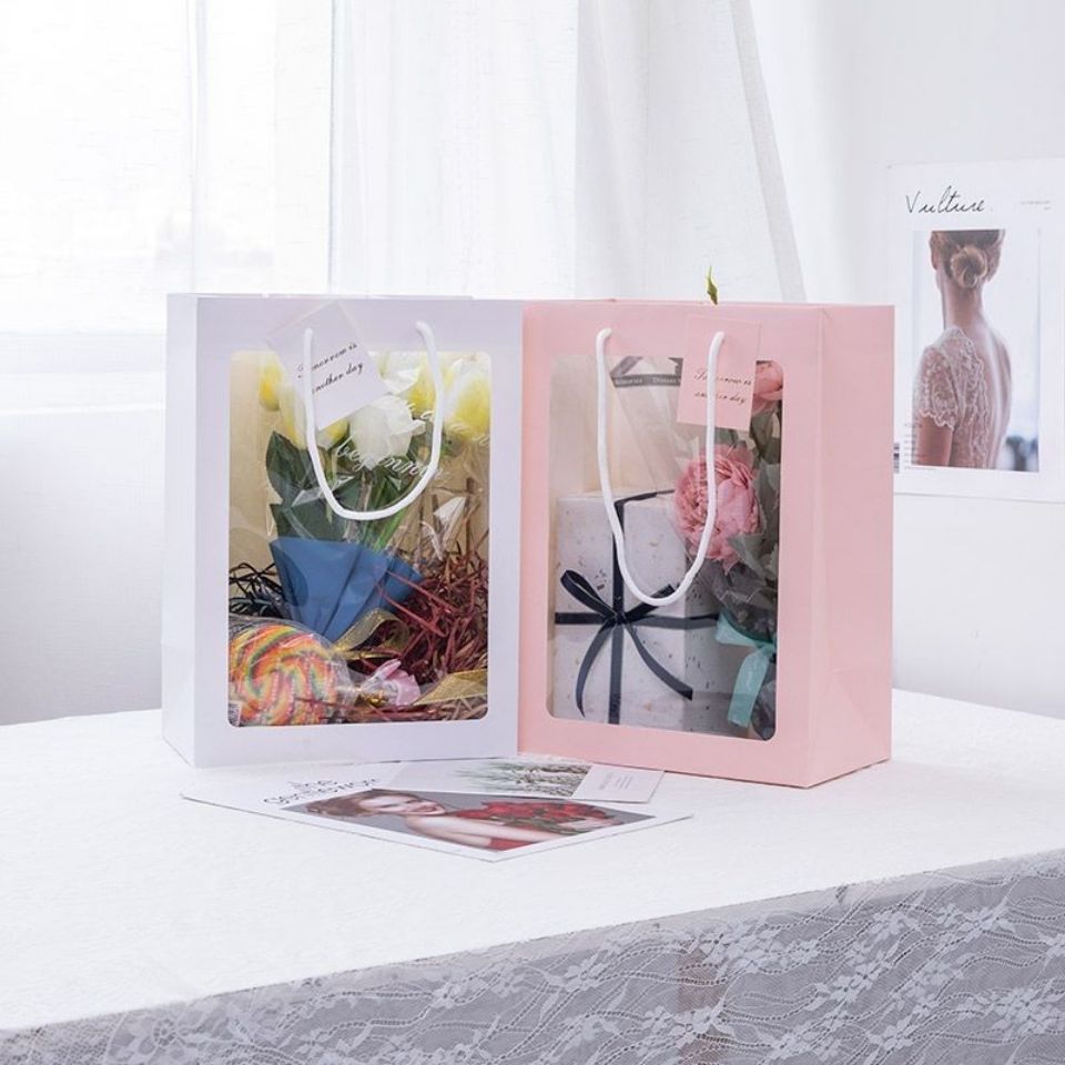 Flowers Window Bag Transparent Open Window Tote Bag Ins Cyber Celebrity Floret Packaging Birthday Gift Christmas Eve Gift Bag