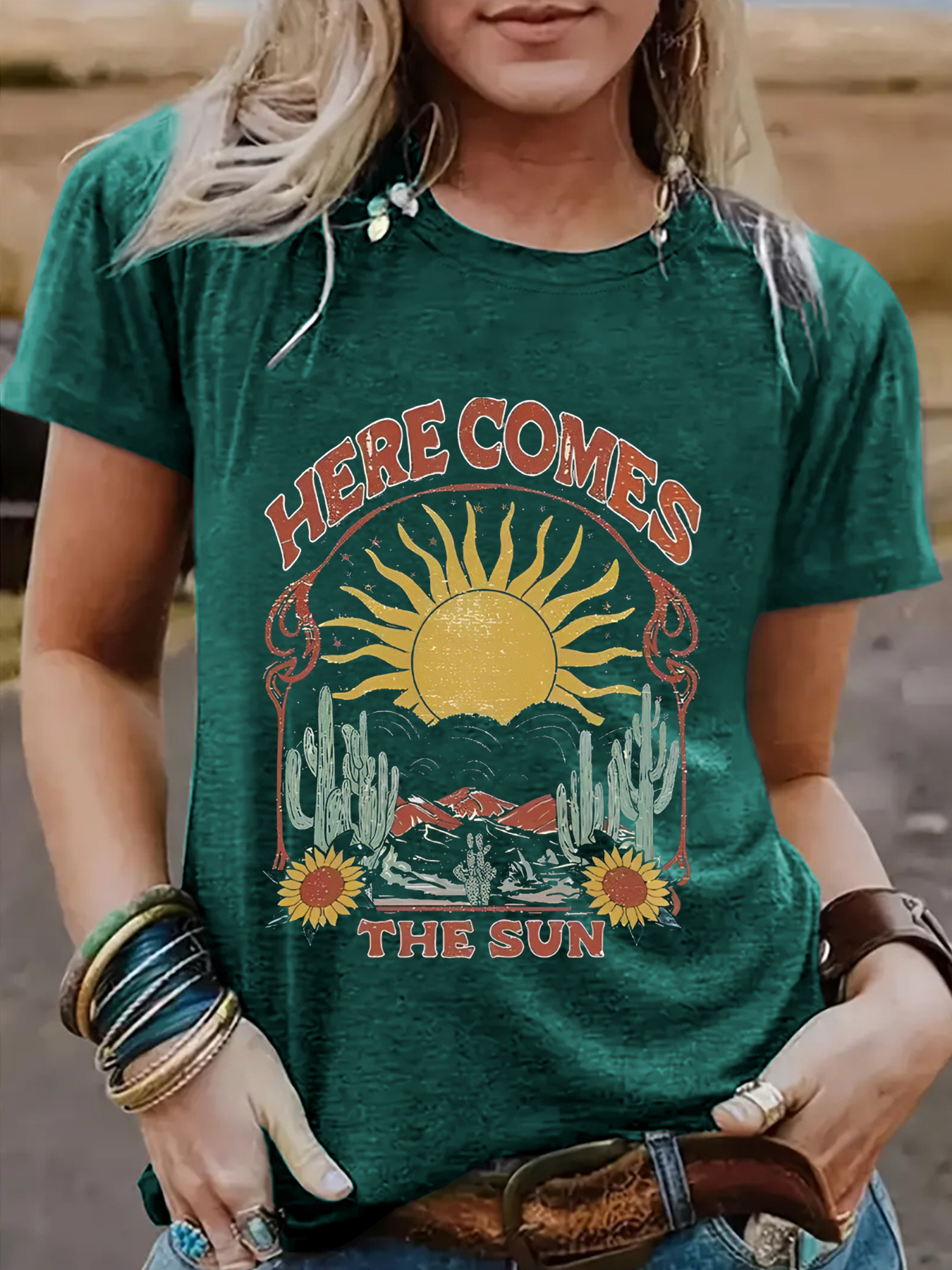 Amazon Europe and the United States summer women's western scenery round neck short sleeve leisure fashion foreign trade explosions T-shirt foreign trade women's clothing
