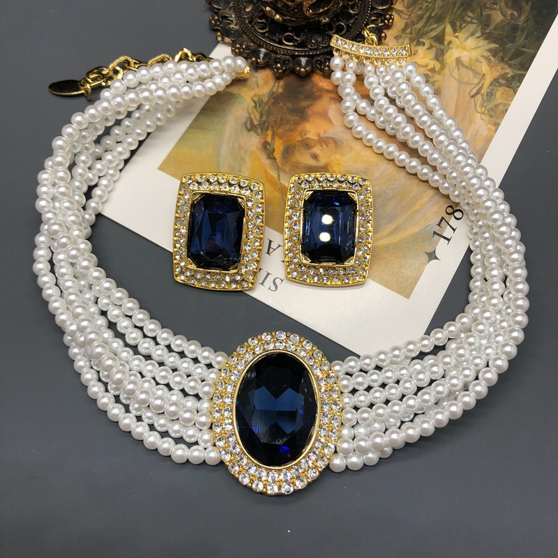 Picture of Classic Hepburn Style Multi-Layer Glazed Pearl Neck Chain Sapphire Gold Plated Clavicle Chain Silver Needle Ear Stud Ear Clip suit