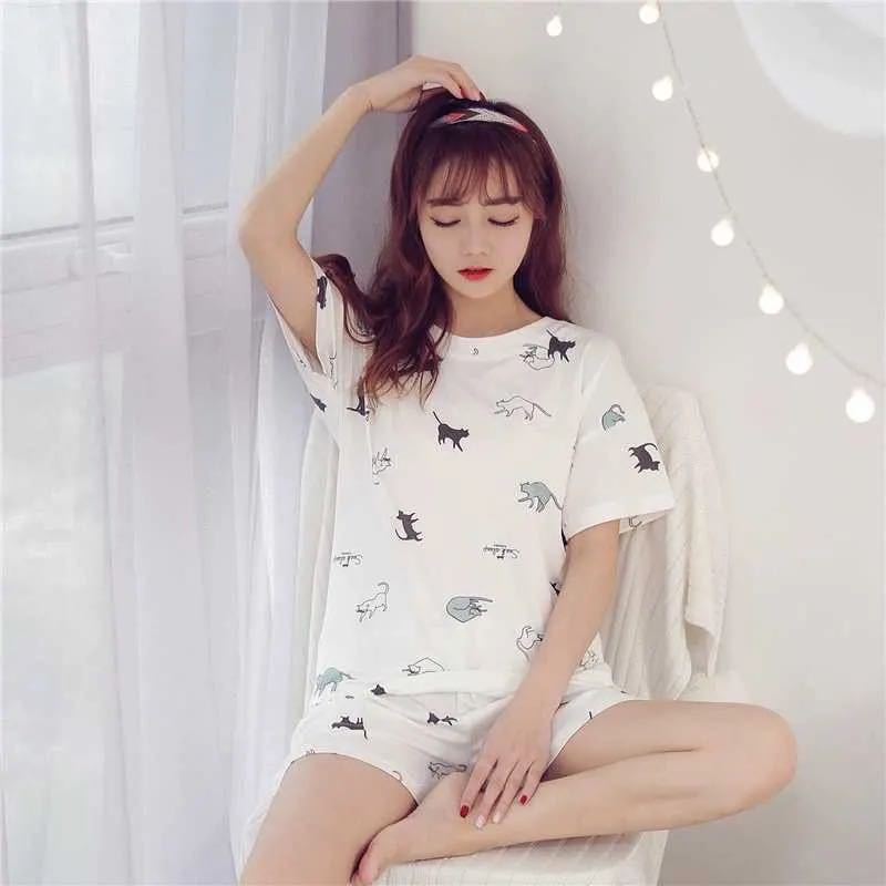 Picture of Short-Sleeved Pajamas, Women's Summer Shorts, Thin Cartoon Women's Pajamas, New Korean Style Cute Home Clothes Set, Cross-Border