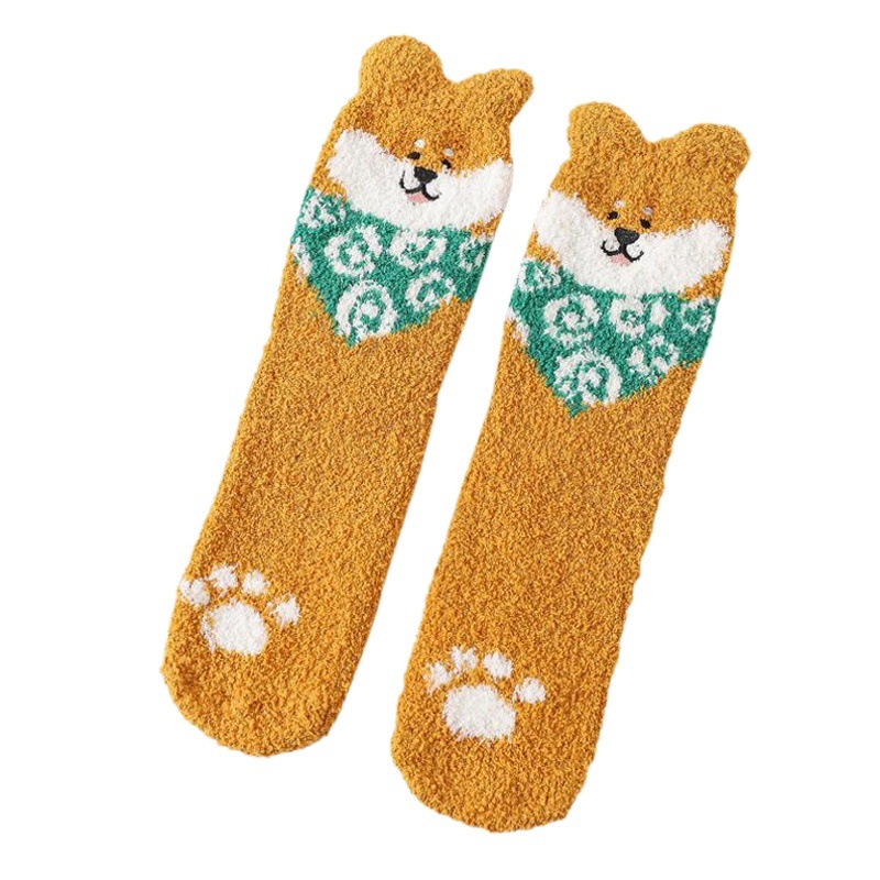 Winter Coral Fleece Sleep Socks Women Cute Puppy Cartoon Socks Thickened Warm Floor Socks Adult Towel Socks