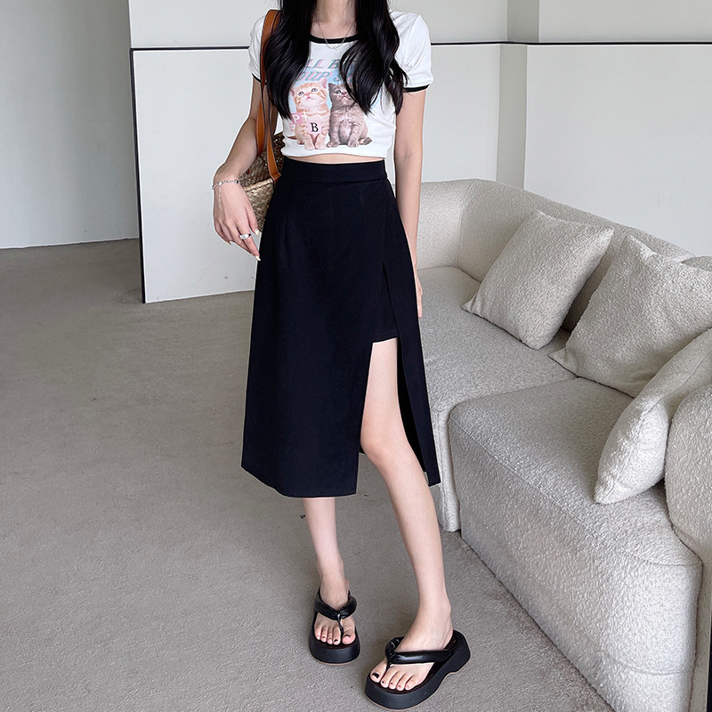 Black Suit Skirt Women's Summer New Split A- Shaped Mid-Length Skirt Distinctive Ladies Slimming High Waist Culottes