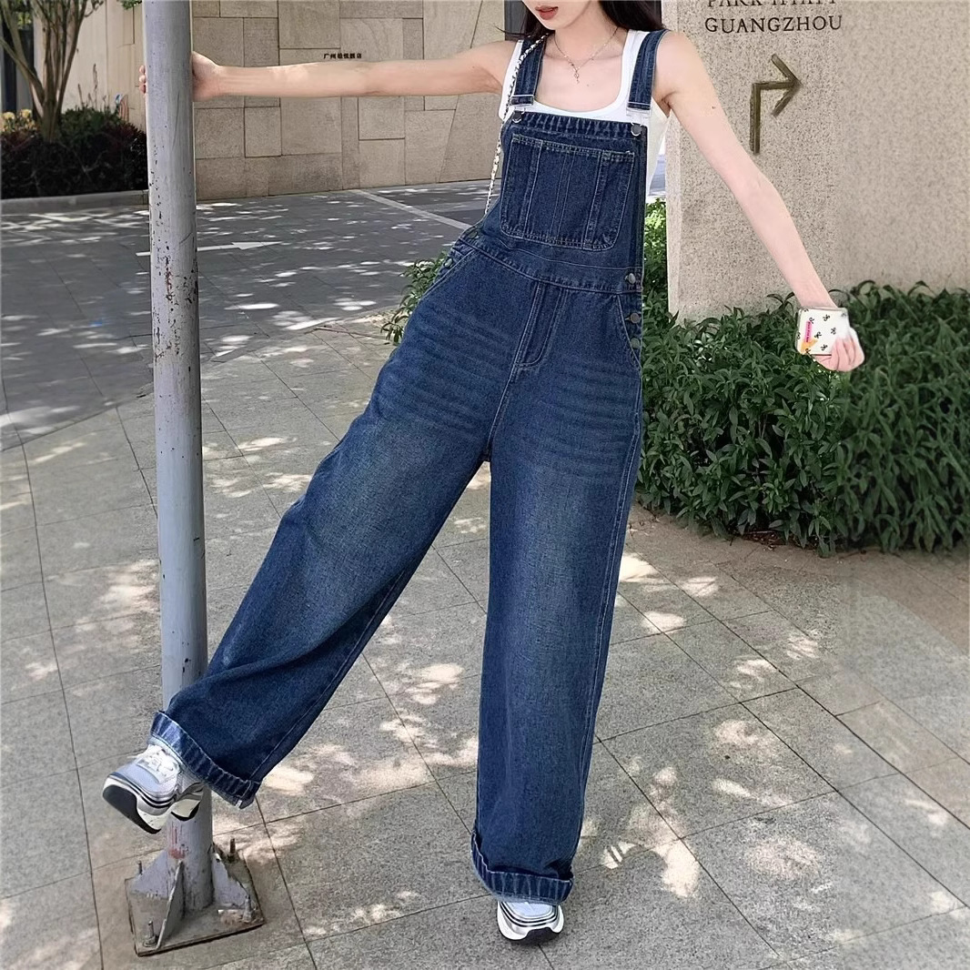 Hippie Girl Retro Blue Denim Overalls Women's Early Spring New Loose Design Sense Straight Leg Wide Leg Pants