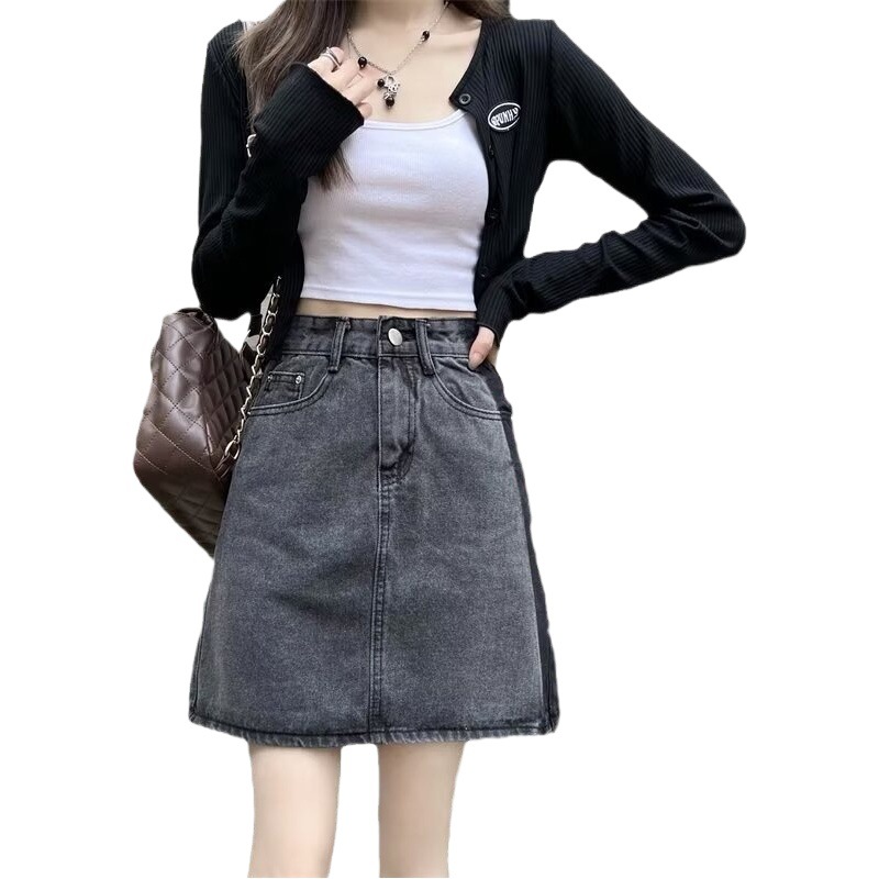 Plus size summer pear-shaped figure contrast color Denim skirt fat sister high waist A- line slimming sheath skirt for women