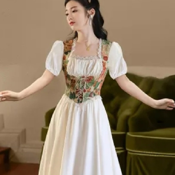 French elegant palace style vintage floral slimming dress sweet high-grade milk sweet tea break princess dress
