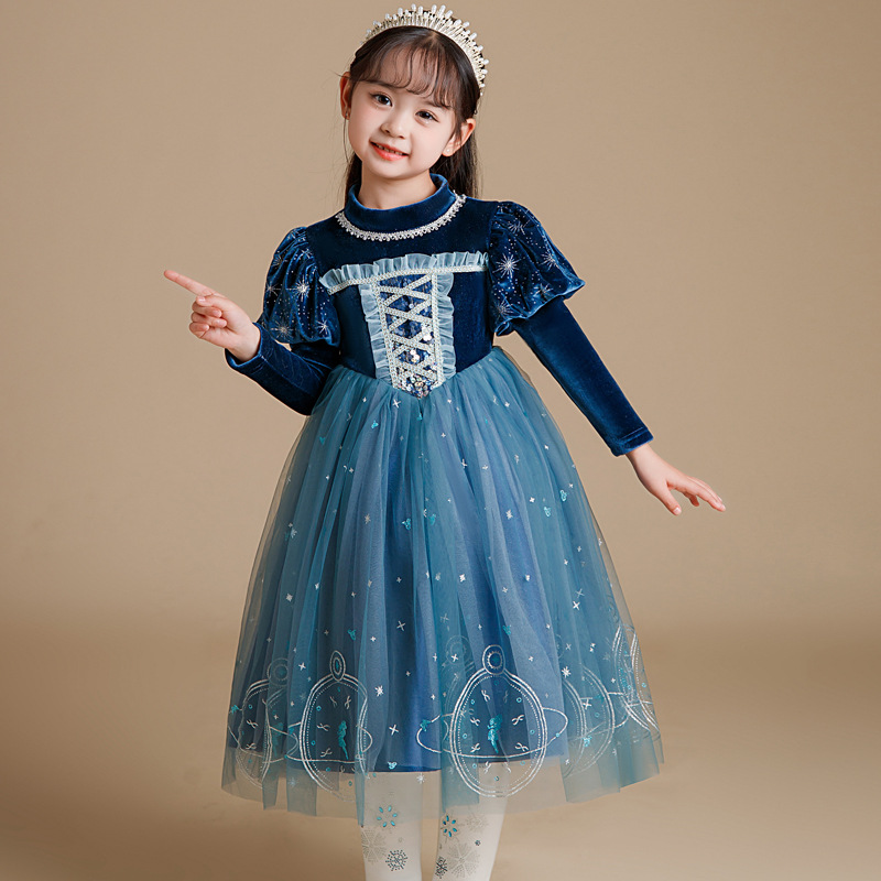 Picture of Blue Velvet Elsa Dress for Girls with Mesh Skirt and Star Details, Sweet Princess Style, Elegant Haute Couture Dress