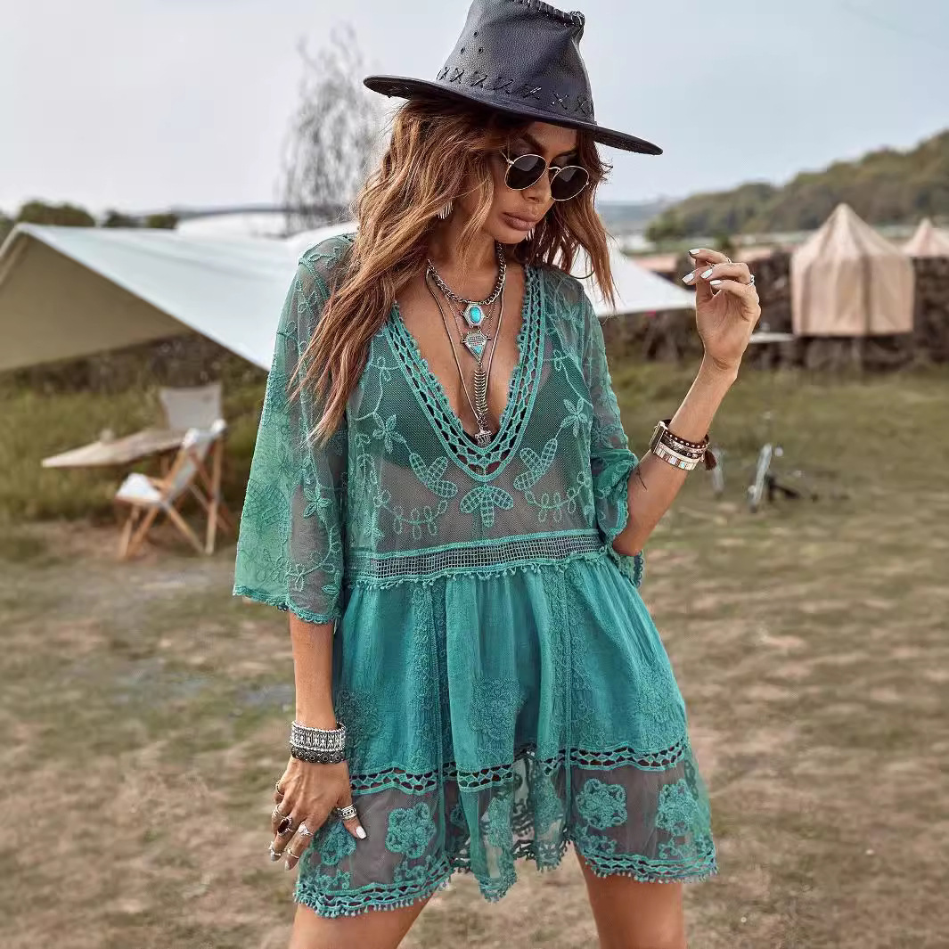 European and American Cross-border Special for New V-neck Lace Embroidered Sunscreen Sexy Bikini Swimsuit Beach Blouse Women
