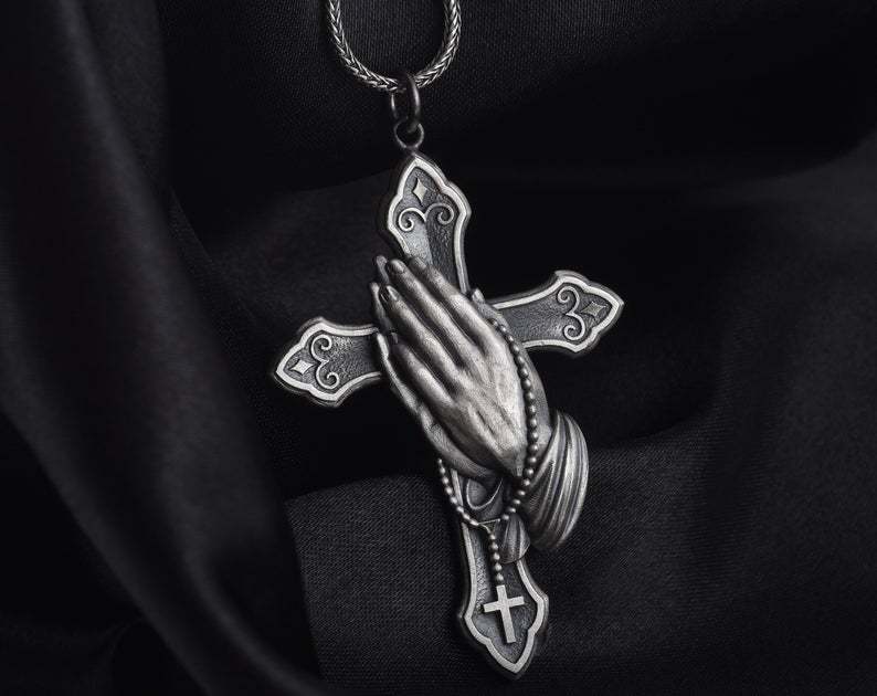 Picture of Zhen Rong wish New Hands Prayer Cross Retro Necklace European and American Plated 925 Thai Silver Black Pendant