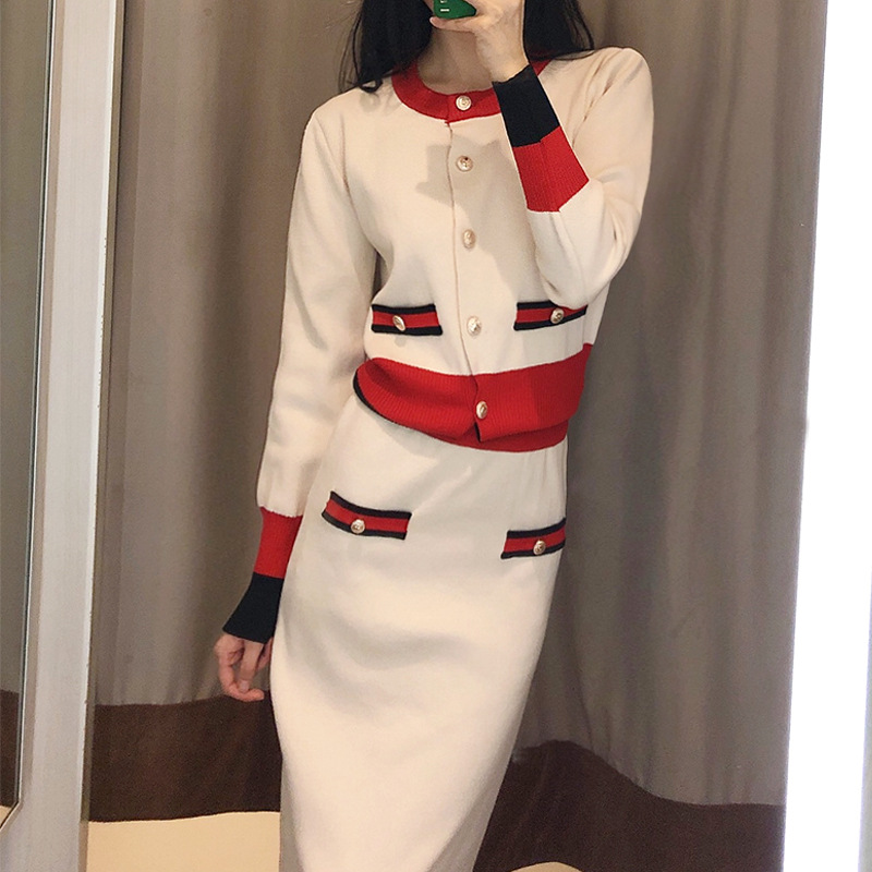 Picture of 2025 Autumn and Winter Elegant Age-Reducing Knitted Hip Skirt Suit Small Fragrant Contrast Sweater Skirt Two Pieces 7659