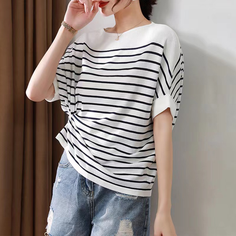 Picture of Women's all-match loose-fit striped bat-sleeve top comfortable pullover base shirt for summer