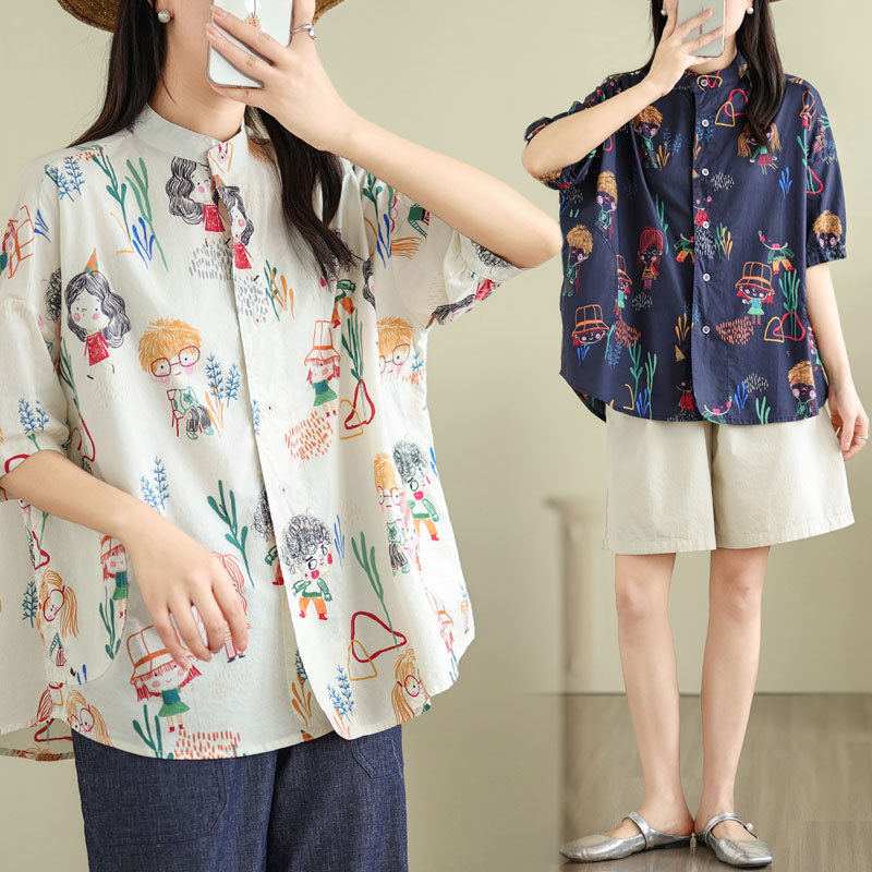 Summer new Japanese-style artistic fresh stand-collar fun printed loose casual short-sleeve shirt for women