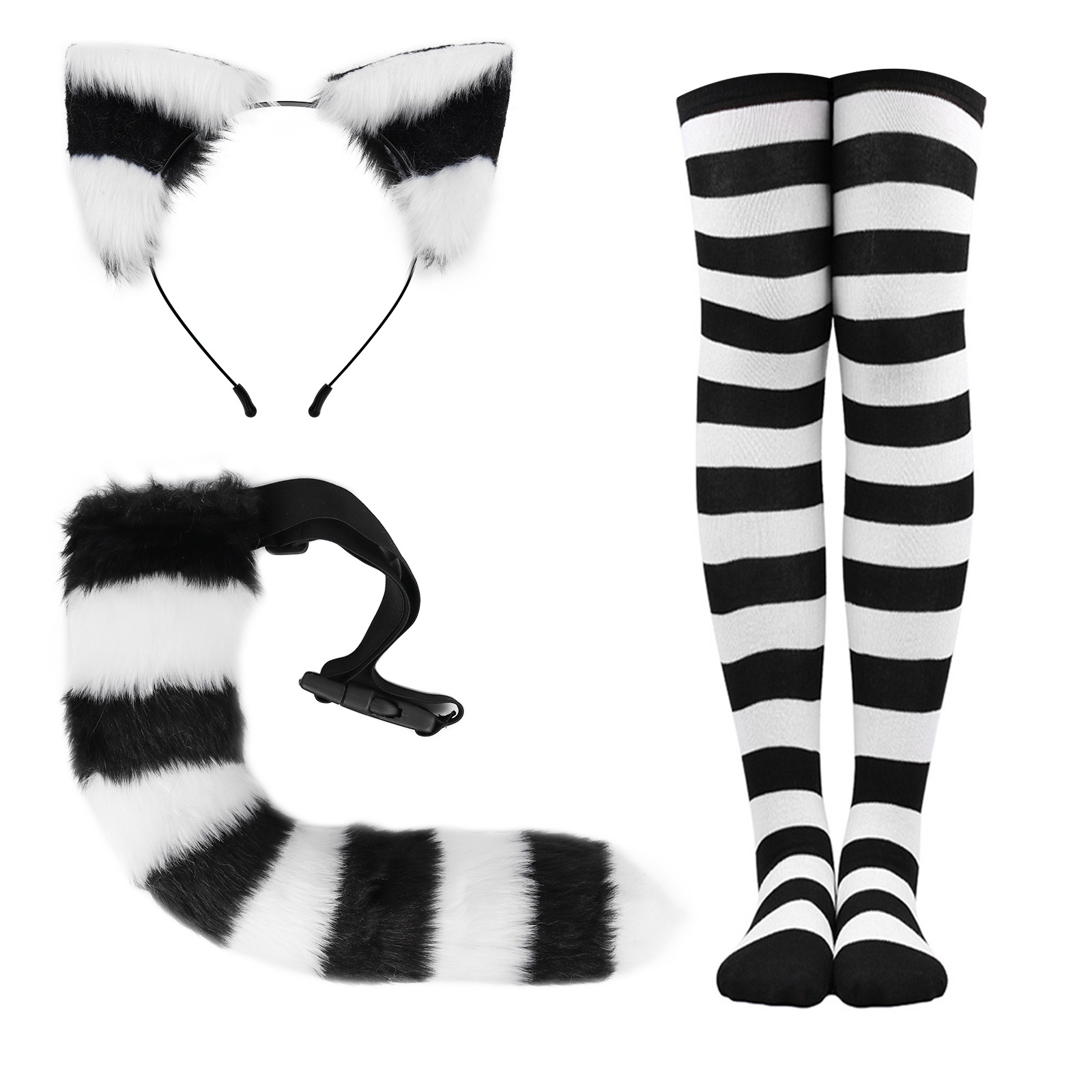 Simulated Plush Cat Ears and Tail Set Cosplay Animal Ears Headband Halloween Stripesd Stockings Accessories Props