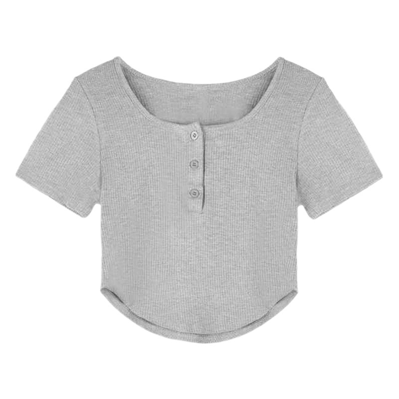 Korean Style Solid Color Pure Desire U-Neck Short-Sleeved T-Shirt Women's Summer Slim-Fit Slimming Chic Irregular Short Pit-Striped Top