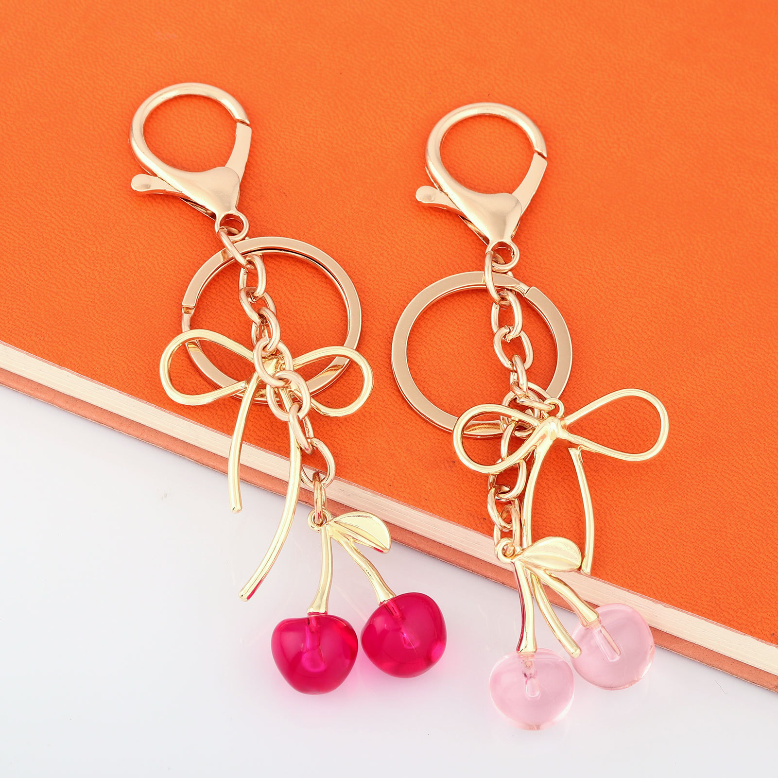 Fashionable and Simple Small Cherry Bow Accessory Red Pink Cherry Keychain Bag Pendant Hanging Decoration Women's Phone Chain