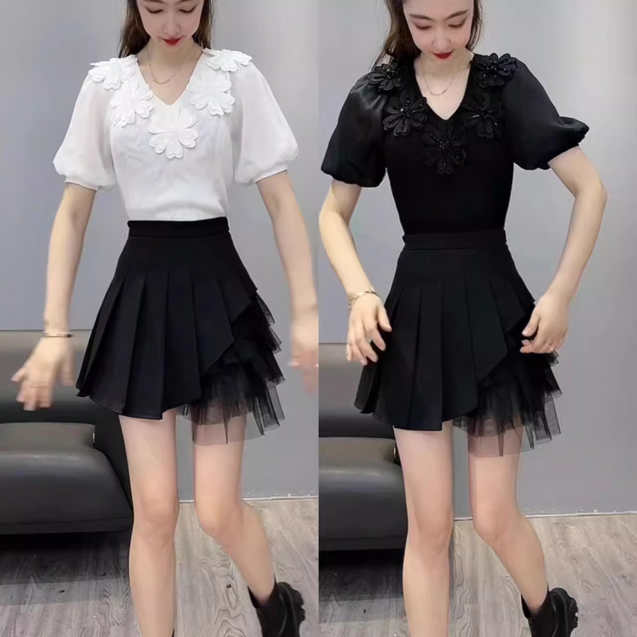 Mesh Stitching Pleated Skirt Women's Design Sense Niche Summer High Waist Slimming Black Chiffon A- line Short Skirt