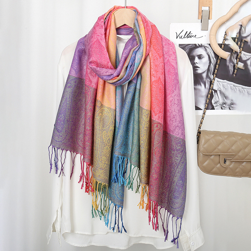 Picture of Amazon Same Style Ethnic Style Color Cashew Embroidered Long Scarf Rainbow Gradient Tassel Scarf Shawl Women's Bag Turban