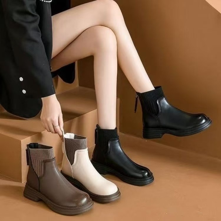 Source Manufacturer Women's Sock Boots 2025 Autumn New British Style Ankle Boots with Back Zipper, Slim Boots, Soft Leather Martin Boots