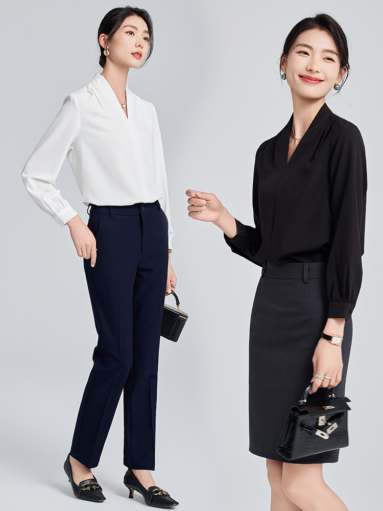 White Long-sleeved Shirt Women's 2024 Spring and Autumn High-grade Performance and Working Professional Dress Base Black V-neck Shirt