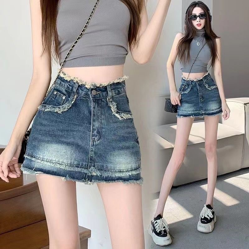 Hot Girl American Vintage Denim Skirt Women's Spring and Autumn New Arrival Burr Hip Skirt A- Line Short Skirt Skirt Skirt