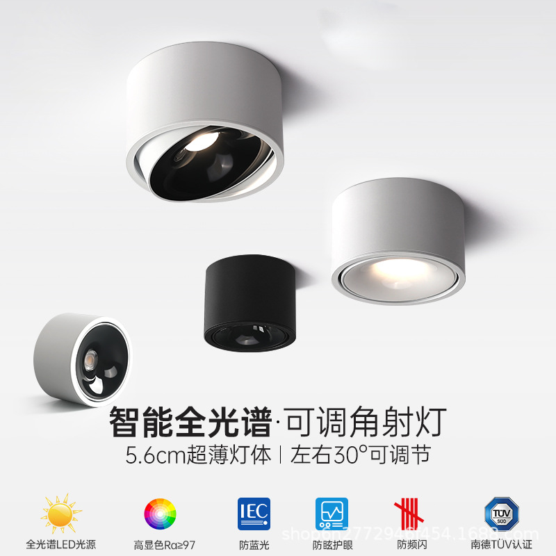 Ultra-thin surface-mounted spotlight, anti-glare angle adjustable LED, home living room without main light, intelligent full spectrum