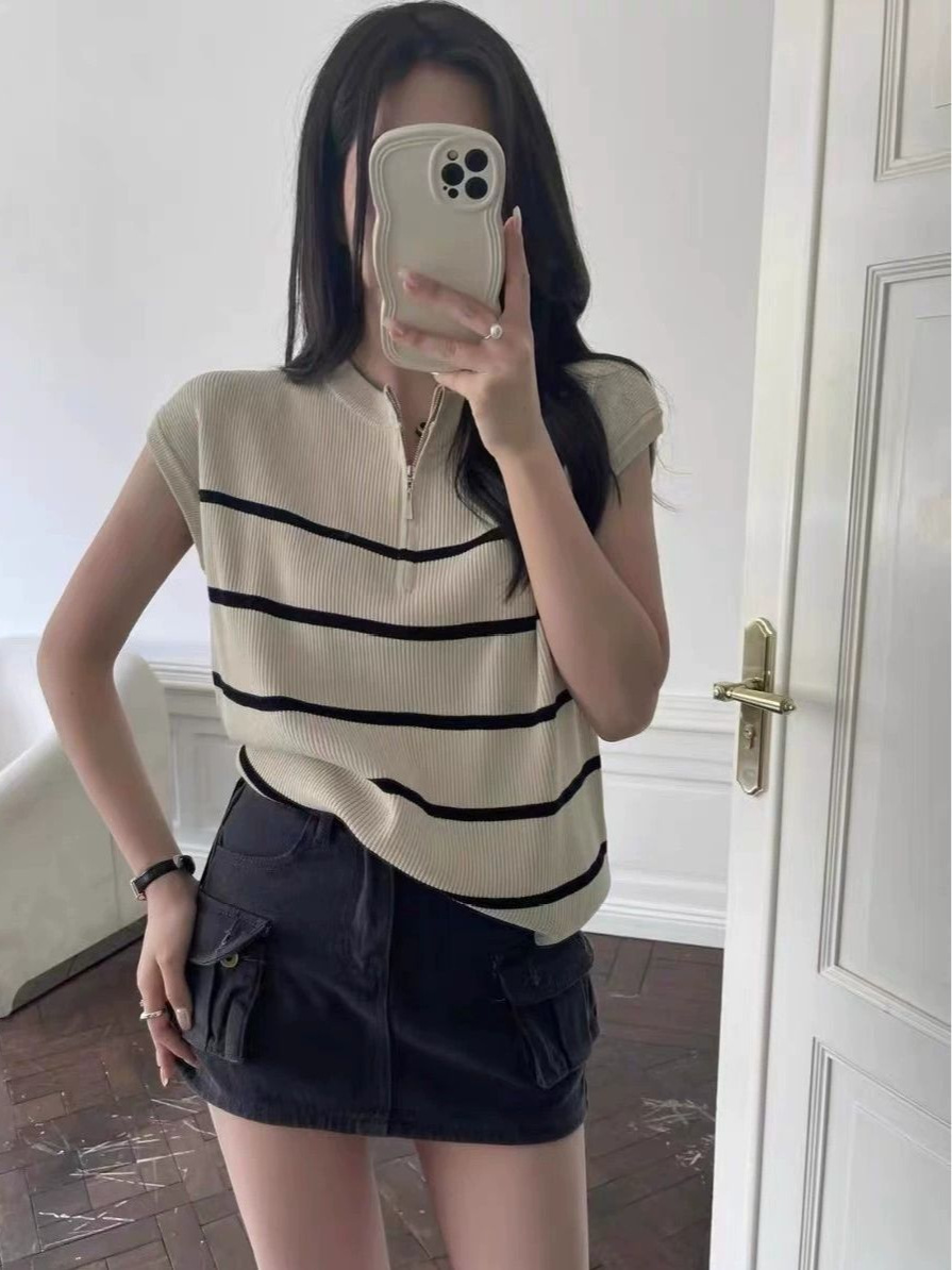 Half Zipper Striped Knitted Ware Shoulder Short Sleeve Women's Spring and Summer New Korean Style Commuter Wear Elegant Top for Small Men Women