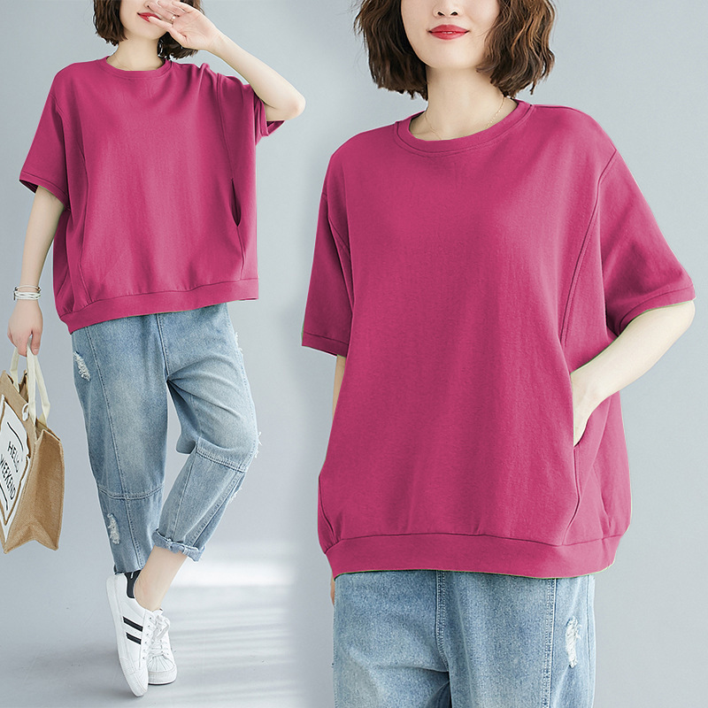 Plus Size Plus Fat Women's Clothing 100kg Summer Loose Large Size Flesh-Covering Slimming Look Top Pure Color Round Neck Short-Sleeved T-Shirt