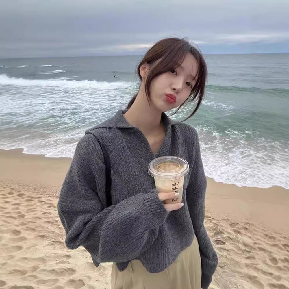 Cross-border South Korea Chic Autumn and Winter Niche Lazy Style Half-open Collar Loose Casual All-match Long-sleeved Knitted Sweater for Women