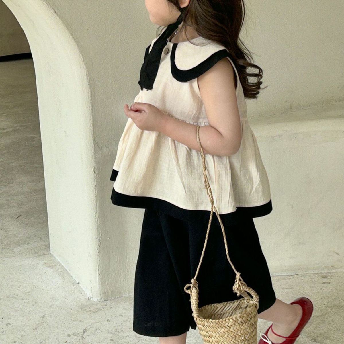 Picture of Girl's Western-style Washed Cotton and Linen Suit 2024 Summer Women's Doll Shirt Top Casual Wide-leg Pants Western-style Two-piece Set