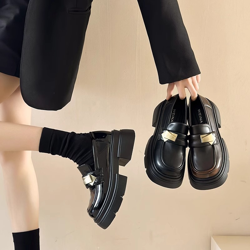British Style Thick-Soled Mary Jane Small Leather Shoes for Women 2025 Spring New Retro Heightening Velcro Loafers Flats