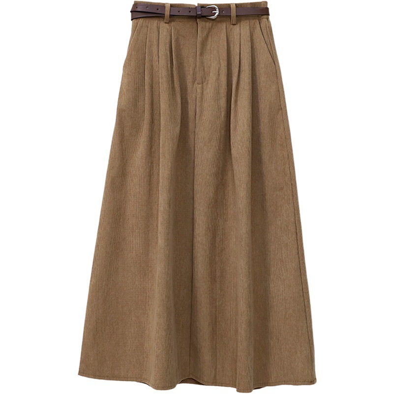 Picture of Maillard Retro Corduroy Skirt for Women, Autumn and Winter Khaki Casual Style with Belt, Mid-Length Pleated A-Line Skirt