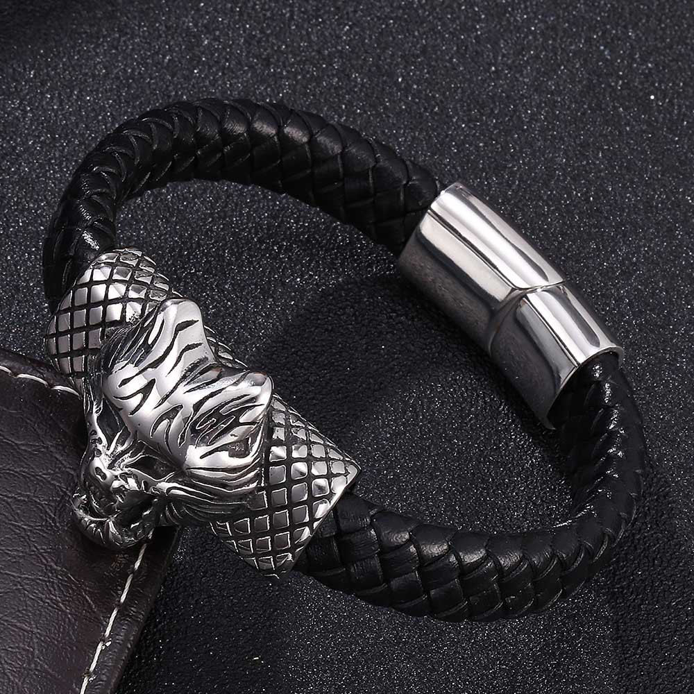 Cross-border hot sale New European and American men's punk tiger leopard beast bracelet stainless steel magnet buckle boutique leather bracelet