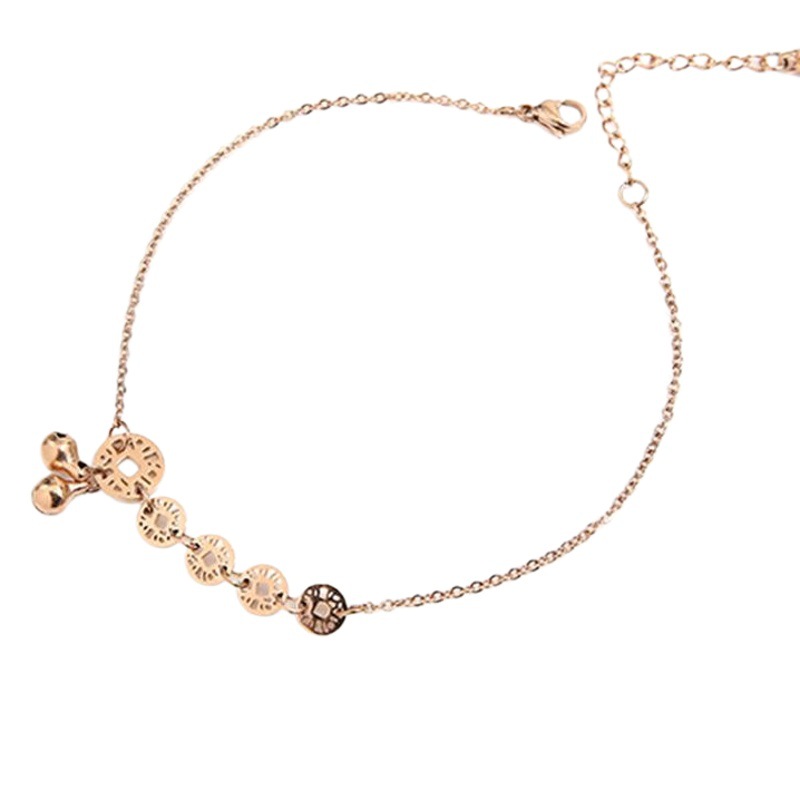 Korean-style Titanium Steel Letter Bell Copper Coin Diamond Anklet Women's 18k Rose Gold Fashion Simple Student Personality Anklet