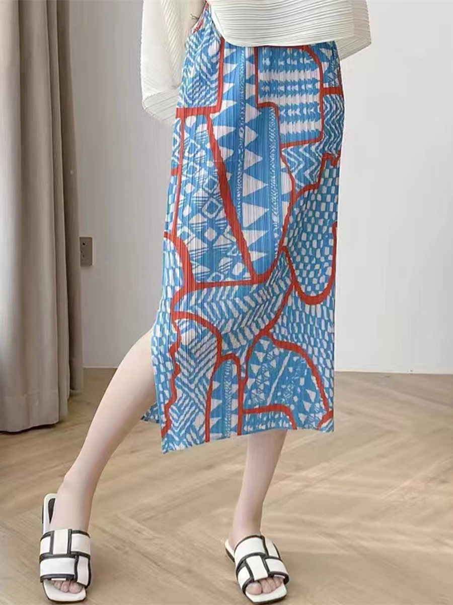 Picture of Niche design pleated skirt spring and summer thin elastic waist printed slimming age-reducing hip slit pleated skirt