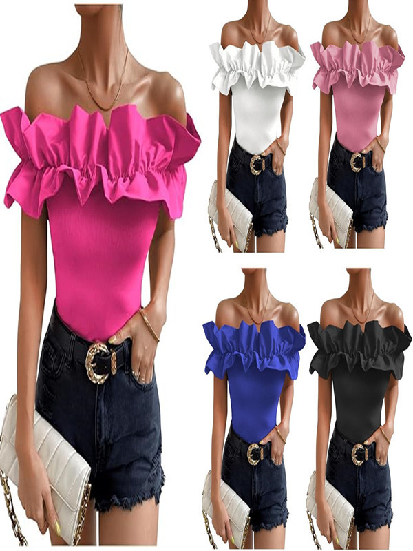 2025 Amazon Independent Station Explosions Summer European and American Elegant Pure Color Shoulder Ruffled Top Women