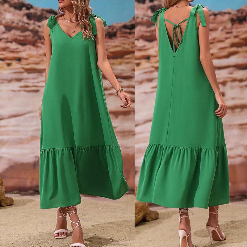 Summer 2025 Green V-neck Lace-up dress Loose Casual Dress Solid Color Bohemian Beach Dress
