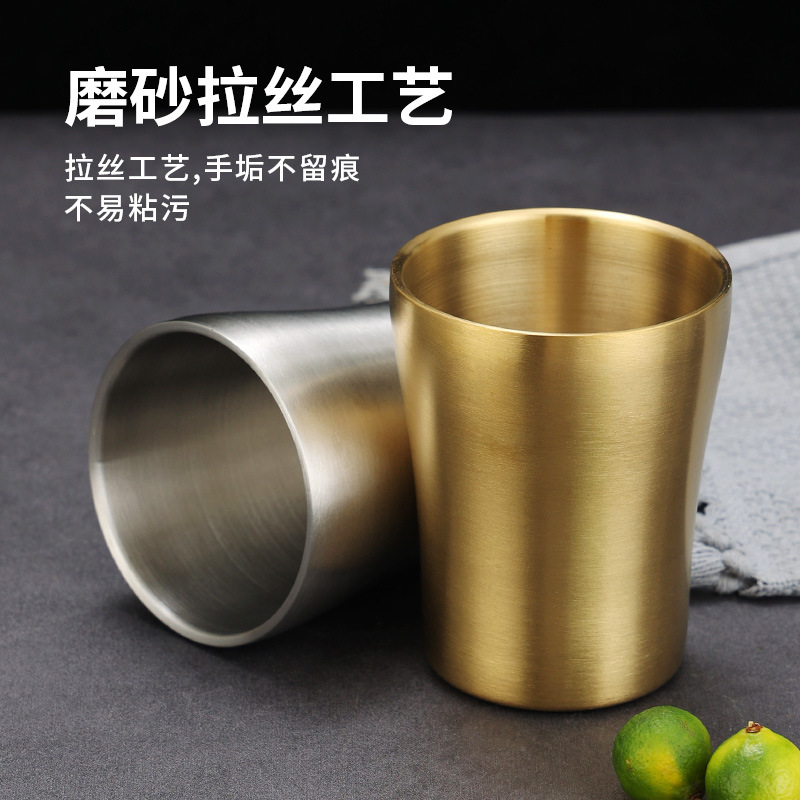 Picture of Korean 304 stainless steel double-layer water cup barbecue restaurant golden beer cup household anti-scald heat insulation cup small waist