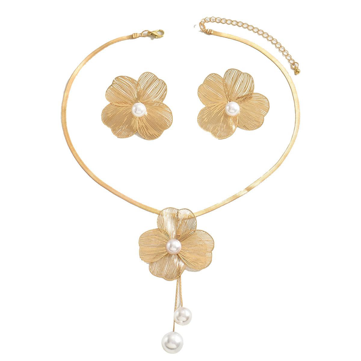 Picture of European and American Cross-border Women's Necklace Earrings suit All-match Flower Inlaid Pearl Design Niche Long Clavicle Chain