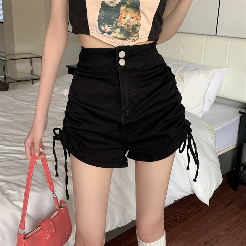 Peach Hip Black Super Shorts Women 2024 Spring and Summer New Outer Wear Design Drawstring Hot Pants for Hot Girls
