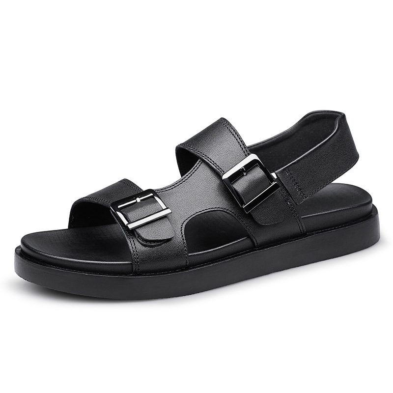 2803 Men's Shoes Sandals Summer Buckle Open Toe Leather Sandals Pure Black Craft Outdoor Casual plus size