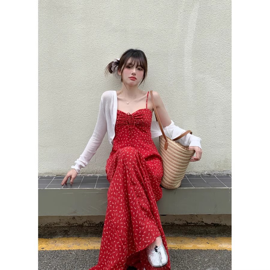[Adjustable shoulder strap after taking over] Floral skirt dress women's summer hot girl A- line skirt halter skirt seaside long