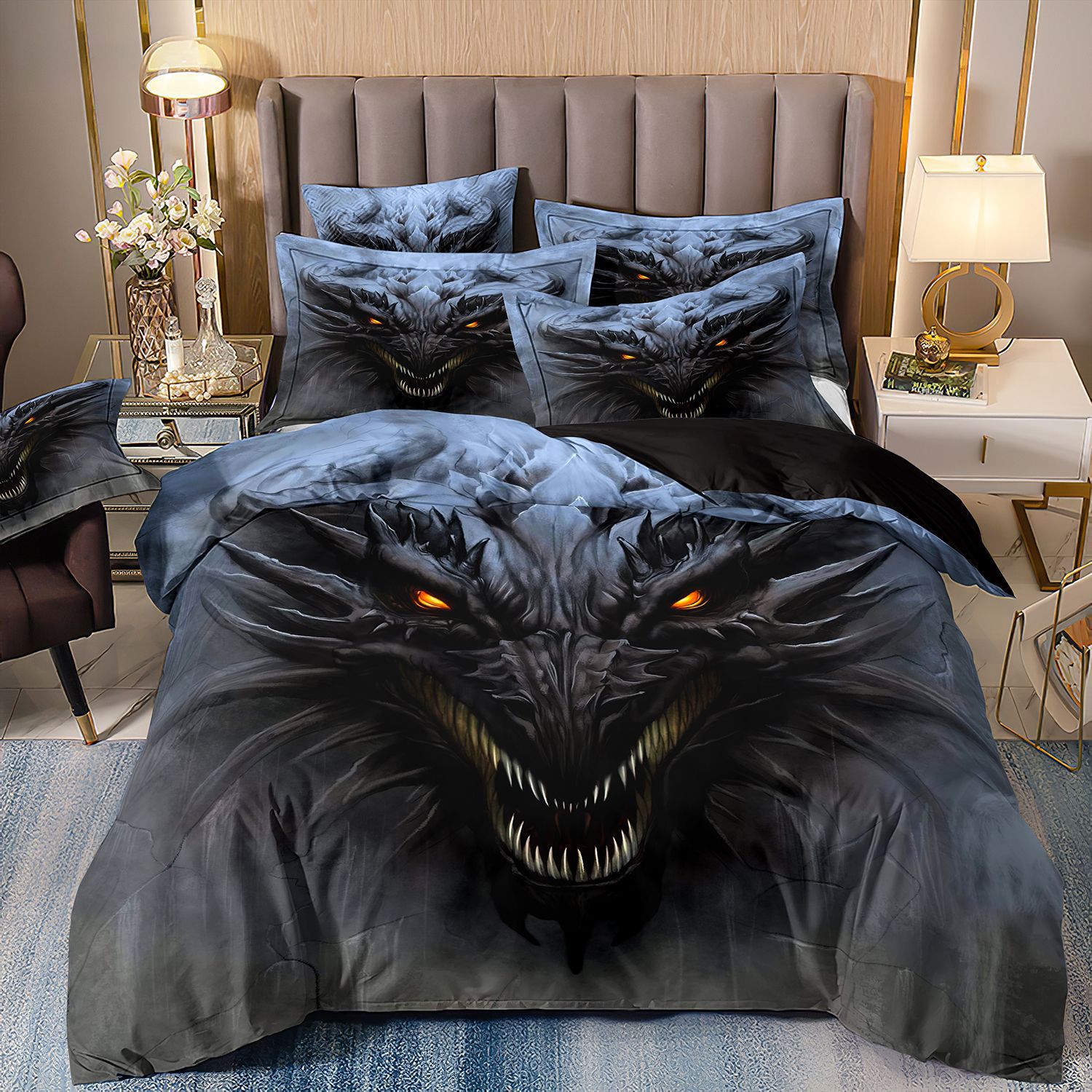 Cross-border 3d digital printing Amazon European and American hot selling dinosaur double-wing Dragon bedding quilt cover three or four-piece set