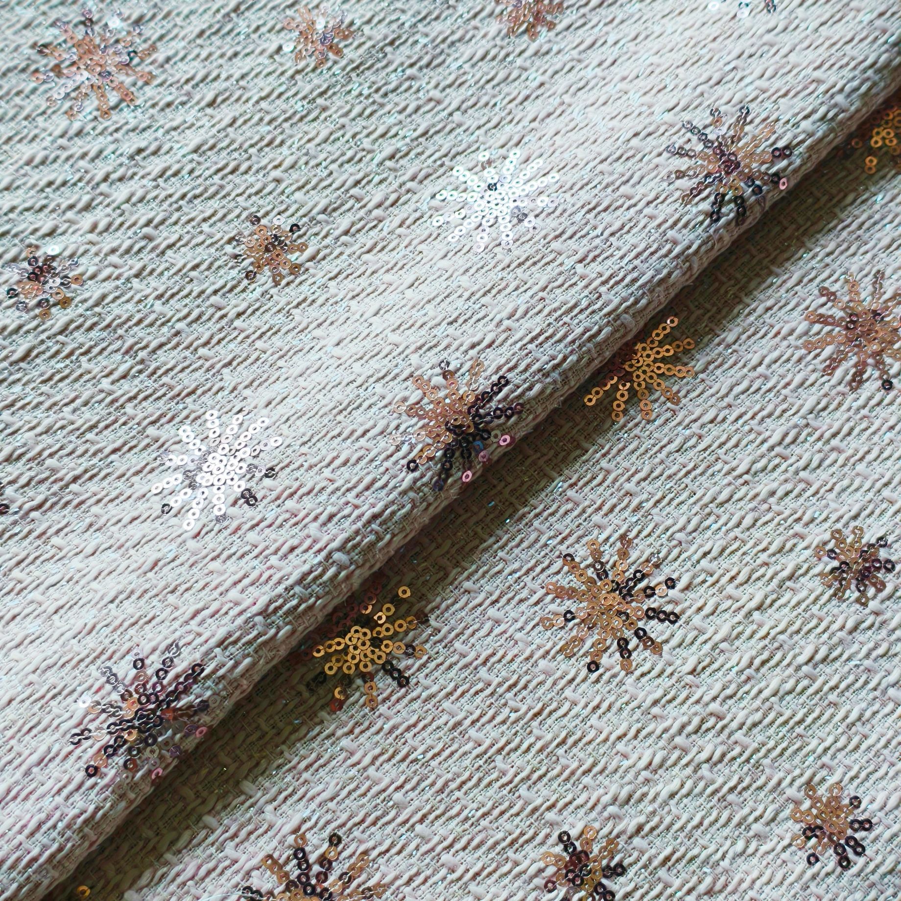 Picture of Woolen Tweed with Snowflake Sequins and Sequins Embroidered Fabric, Tweed Girls' Clothing, Jackets, Bags, Shoes, Hats and Fabrics