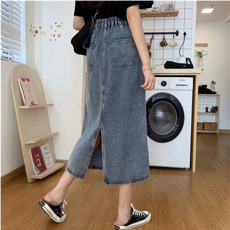 Vintage Hong Kong Style Denim Skirt Women's 2022 New Summer High Waist Slimming Rear Split Mid-length A- line Skirt
