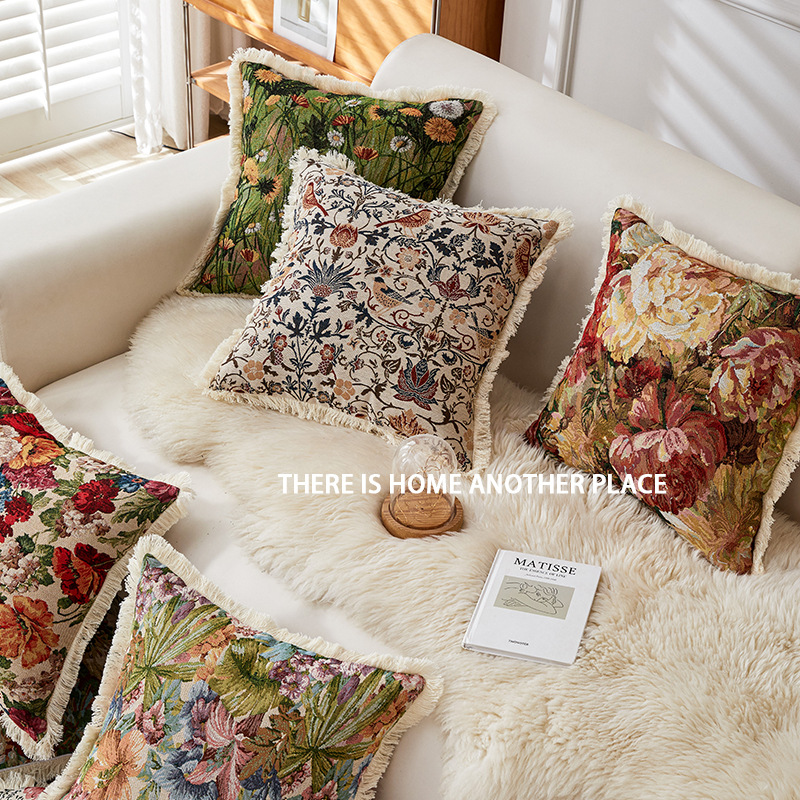 Retro Cotton Linen Pillow Yarn-dyed Jacquard American Country Sofa Pillow Bedside Cushion Living Room Cushion Cushion Without Core