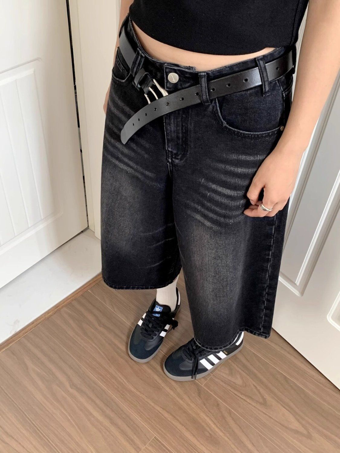 American Style Retro High Waist plus size chubby girl Loose Slimming Jeans Trendy Women's Black Straight Cropped Pants for Summer