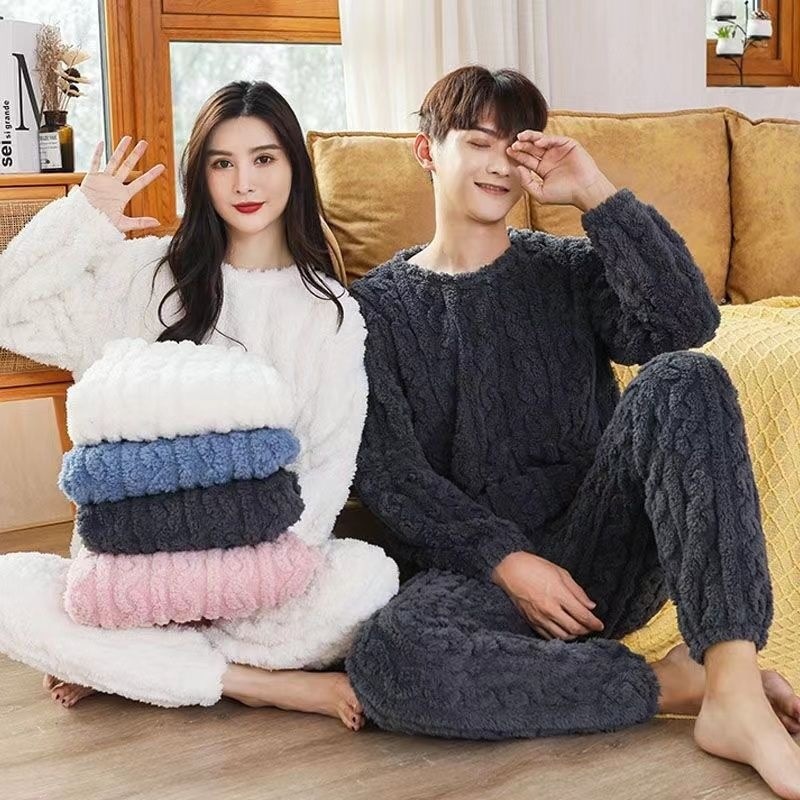 Solid color jacquard cotton wool warm suit 2023 new winter men and women with thick warm couples home clothes