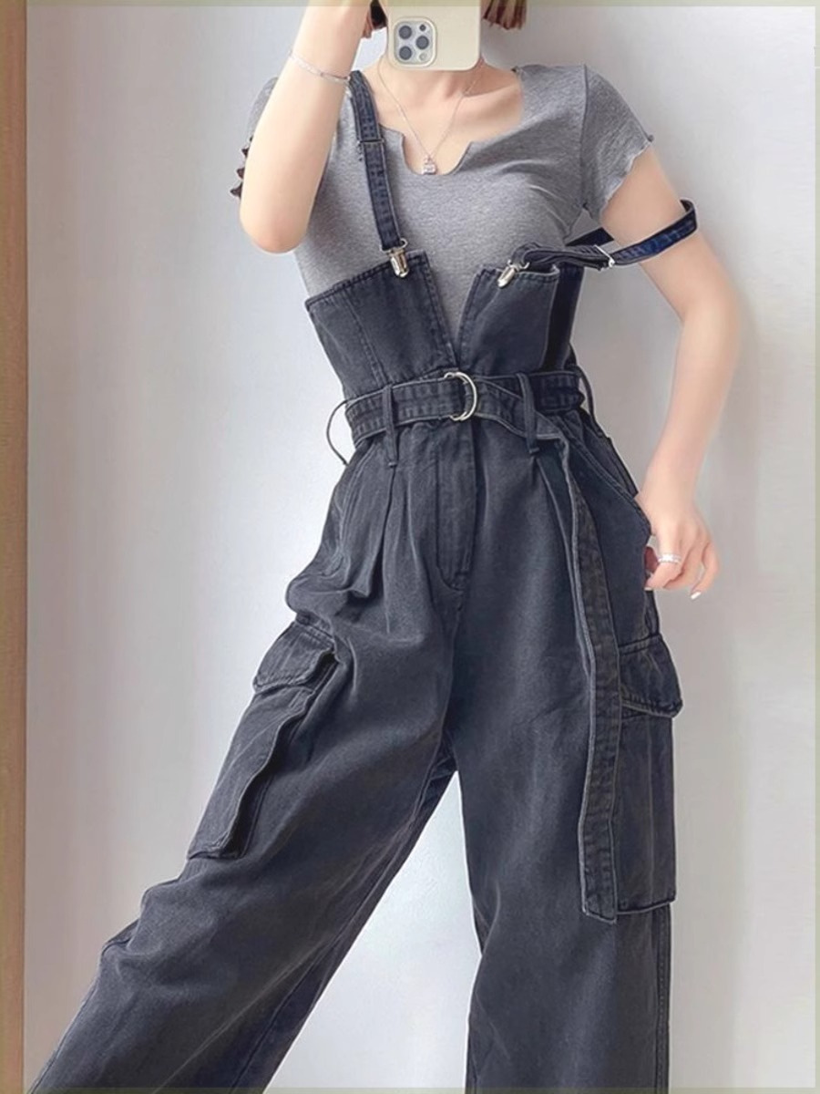 Casual Loose Wide-Leg Overalls 2025 Spring and Summer Fashion Versatile High-Waist Design Black Suspender Jumpsuit