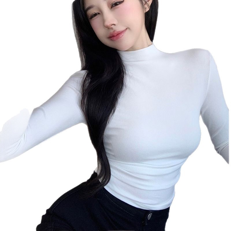 Picture of Half Turtleneck Bottoming Shirt for Women, Spring-Feeling, Tight-Fitting, Slimming Look, Right-Shoulder, Long-Sleeved T-Shirt, Short Style, Sexy Top
