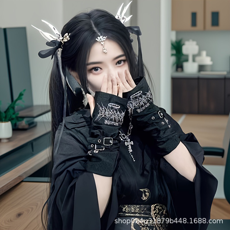 Y2K Millennium Spice Girls Japanese Harajuku Embroidered Striped Buckle Black and White Trendy Yabi Sunscreen Gloves Half-Finger Sleeve